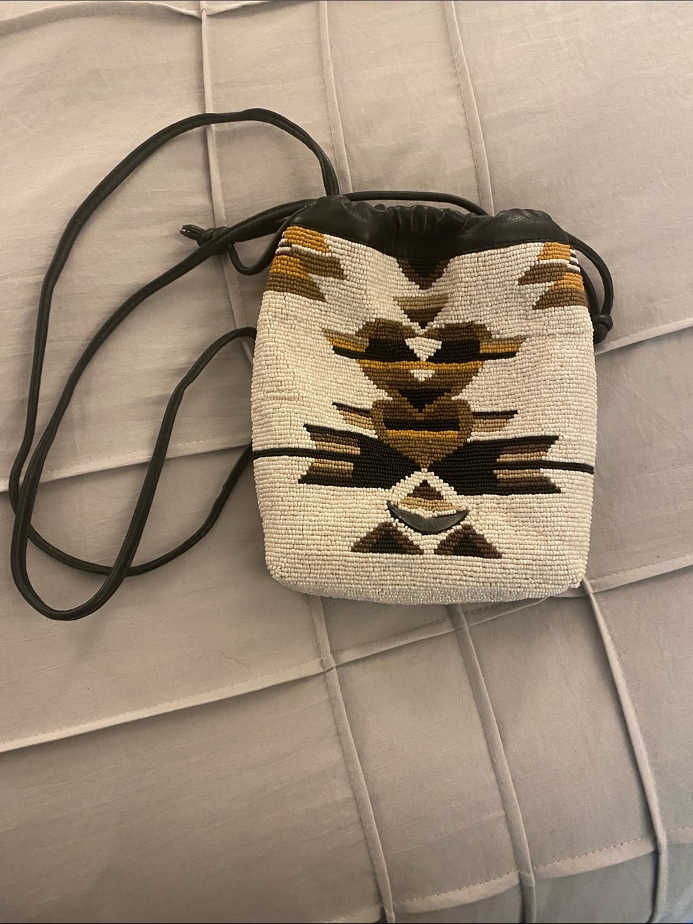 Zadig & Voltaire Ivory Beaded Southwestern Drawstring Crossbody with Black Trim